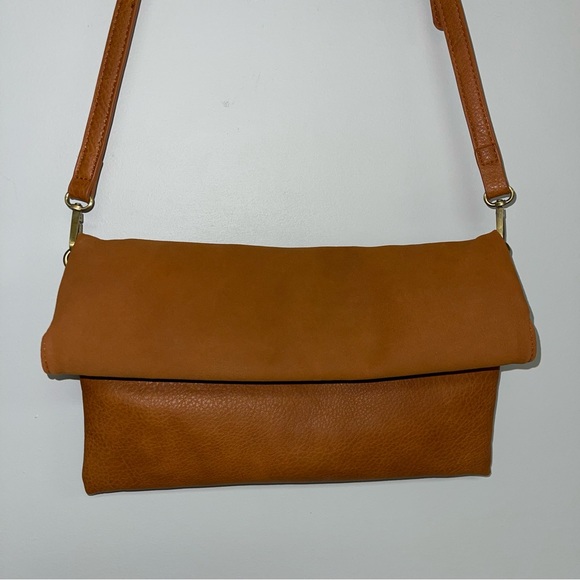 Anthropologie Foldover Crossbody Bag Purse Faux Leather Suede Brown 12.5" x 8" - Picture 3 of 15